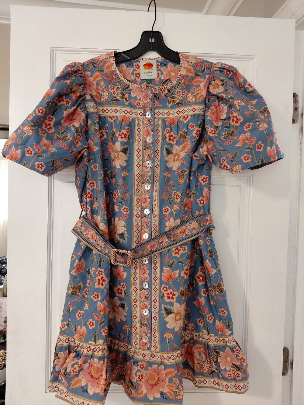FARM Rio Blue Floral Puff-Sleeve Button-Front Dress with Waist Tie